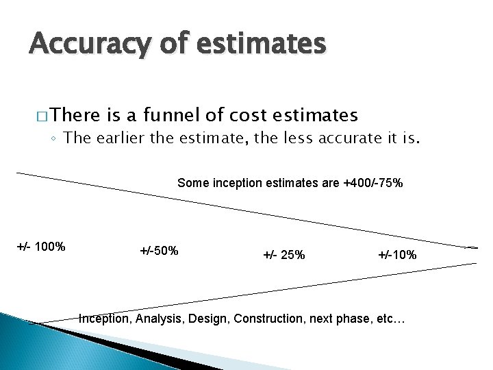 Accuracy of estimates � There is a funnel of cost estimates ◦ The earlier
