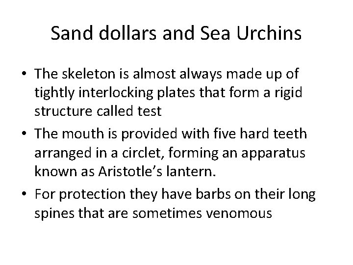 Sand dollars and Sea Urchins • The skeleton is almost always made up of