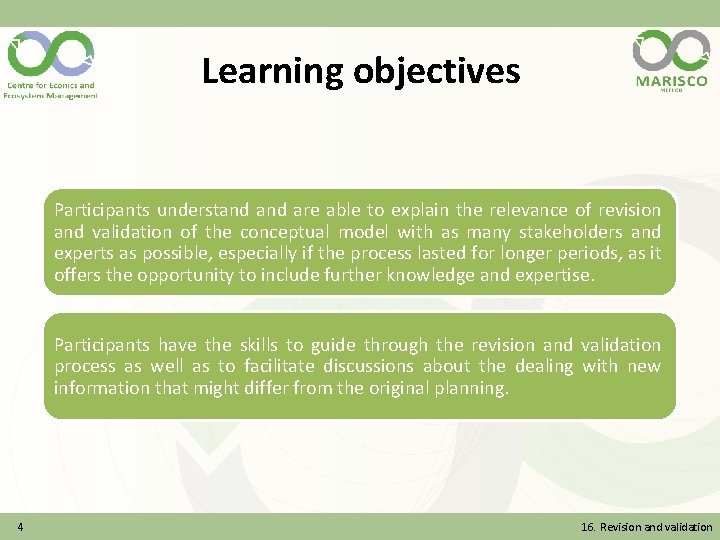 Learning objectives Participants understand are able to explain the relevance of revision and validation