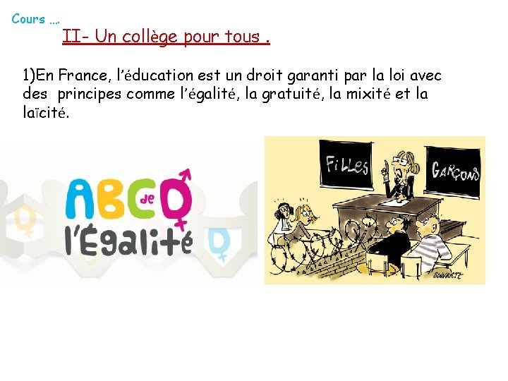 Cours …. II- Un collège pour tous. 1)En France, l’éducation est un droit garanti