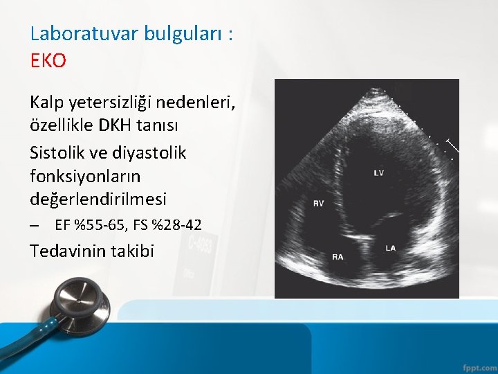 Laboratuvar bulguları : EKO Kalp yetersizliği nedenleri, özellikle DKH tanısı Sistolik ve diyastolik fonksiyonların