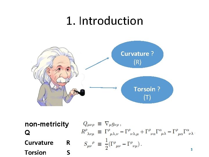 1. Introduction Curvature ? (R) Torsoin ? (T) non-metricity Q Curvature R Torsion S