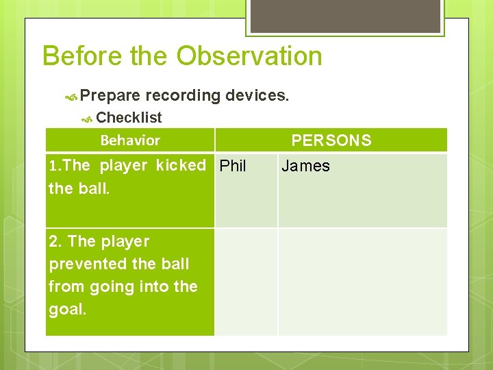 Before the Observation Prepare recording devices. Checklist Behavior 1. The player kicked Phil the