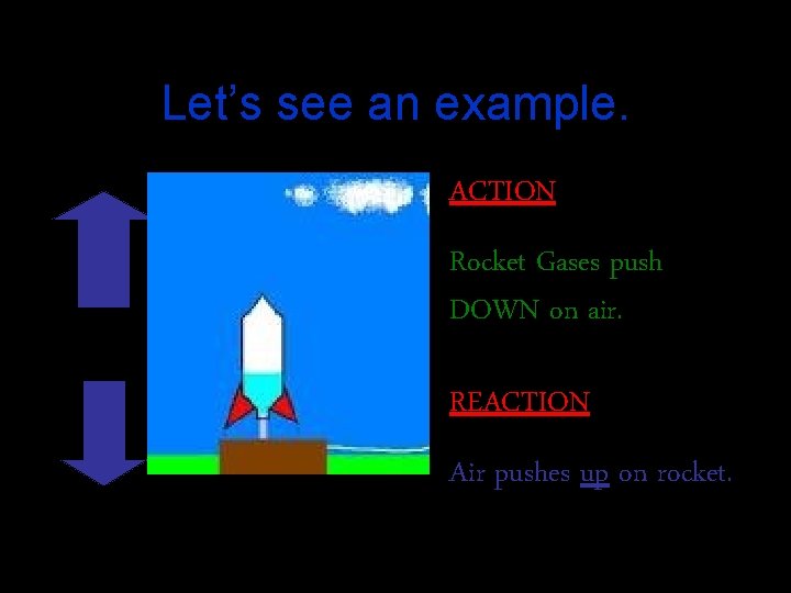 Let’s see an example. ACTION: Rocket Gases push DOWN on air. REACTION: Air pushes