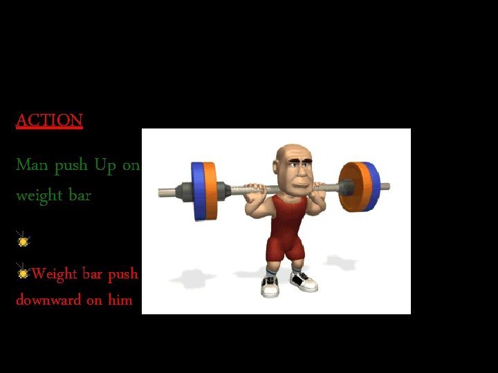 ACTION: Man push Up on weight bar REACTION: Weight bar push downward on him