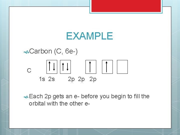EXAMPLE Carbon (C, 6 e-) C 1 s 2 s Each 2 p 2