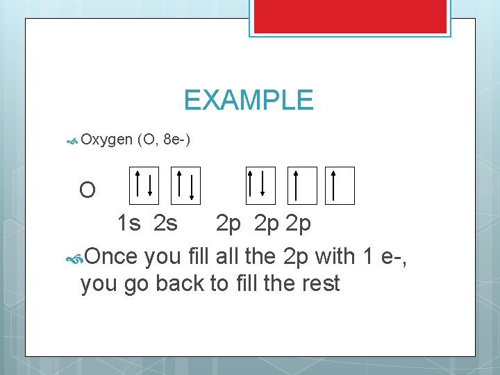 EXAMPLE Oxygen (O, 8 e-) O 1 s 2 s 2 p 2 p