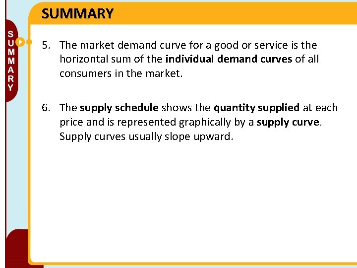 SUMMARY 5. The market demand curve for a good or service is the horizontal