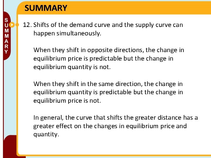 SUMMARY 12. Shifts of the demand curve and the supply curve can happen simultaneously.