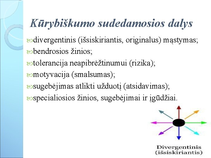 Kūrybiškumo sudedamosios dalys divergentinis (išsiskiriantis, originalus) mąstymas; bendrosios žinios; tolerancija neapibrėžtinumui (rizika); motyvacija (smalsumas);