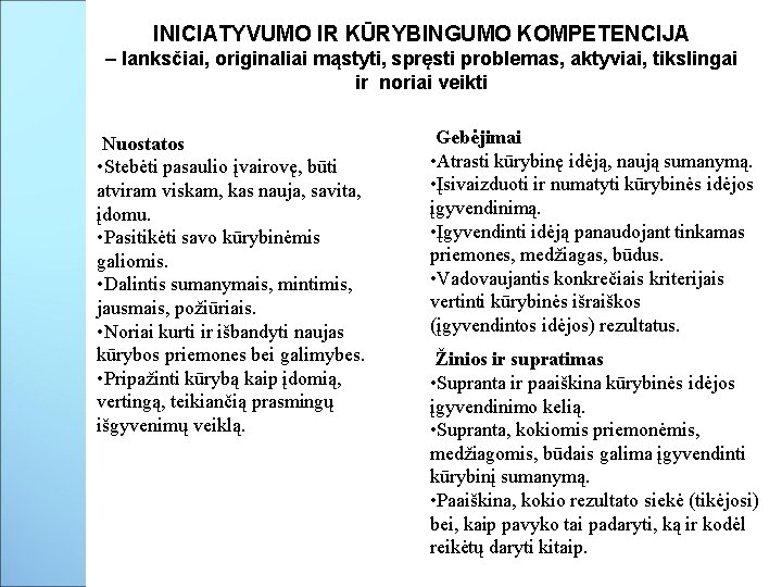 INICIATYVUMO IR KŪRYBINGUMO KOMPETENCIJA – lanksčiai, originaliai mąstyti, spręsti problemas, aktyviai, tikslingai ir noriai