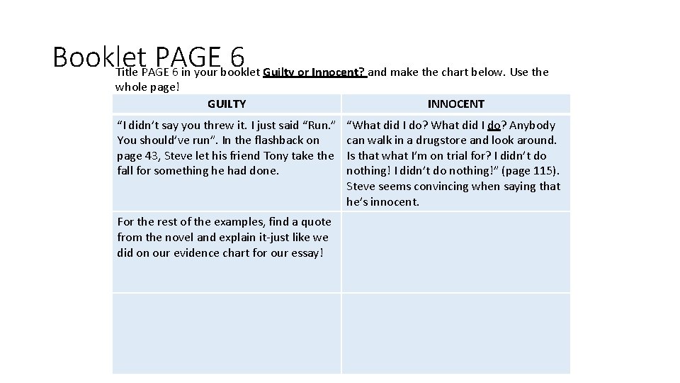 Booklet PAGE 6 Title PAGE 6 in your booklet Guilty or Innocent? and make