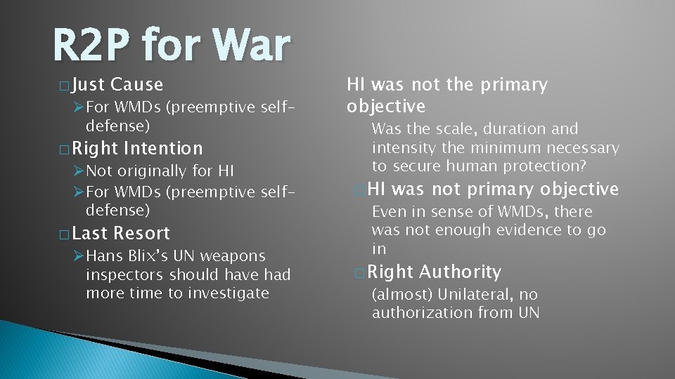 R 2 P for War � Just Cause ØFor WMDs (preemptive selfdefense) � Right