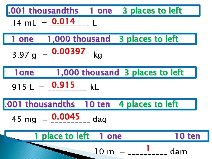 . 001 thousandths 1 one 0. 014 14 m. L = _____ L 3