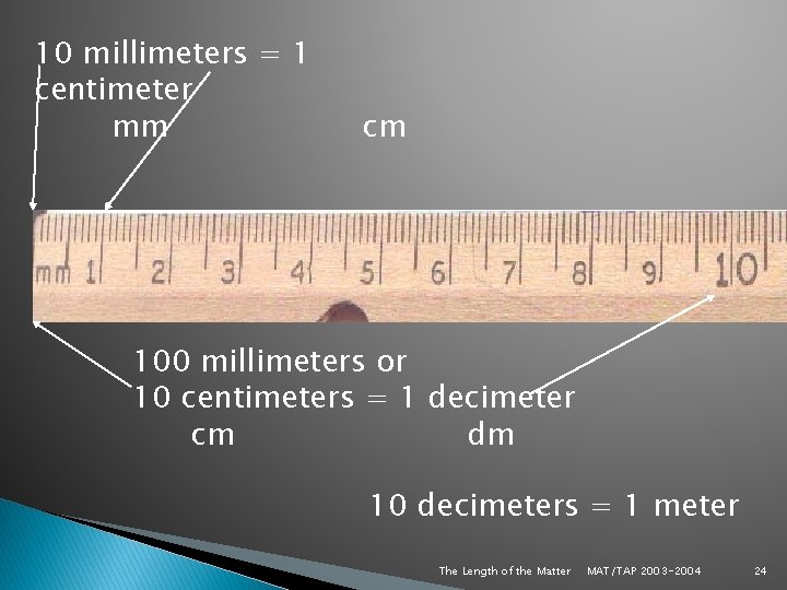 10 millimeters = 1 centimeter mm cm 100 millimeters or 10 centimeters = 1