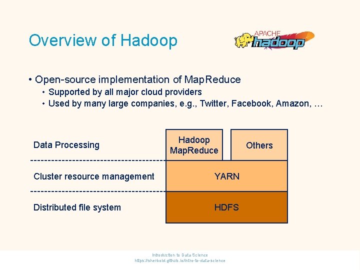 Overview of Hadoop • Open-source implementation of Map. Reduce • Supported by all major