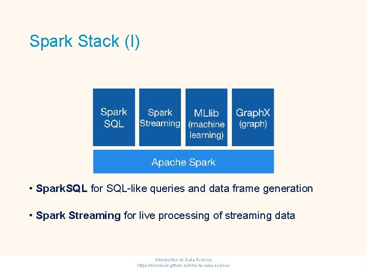 Spark Stack (I) • Spark. SQL for SQL-like queries and data frame generation •