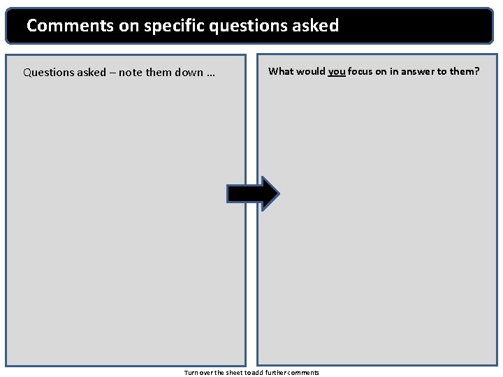 Comments on specific questions asked Questions asked – note them down … What would