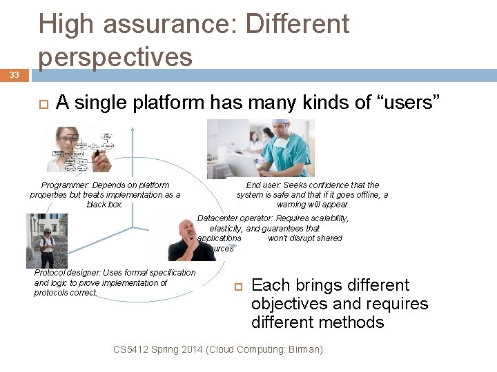 33 High assurance: Different perspectives A single platform has many kinds of “users” Programmer: