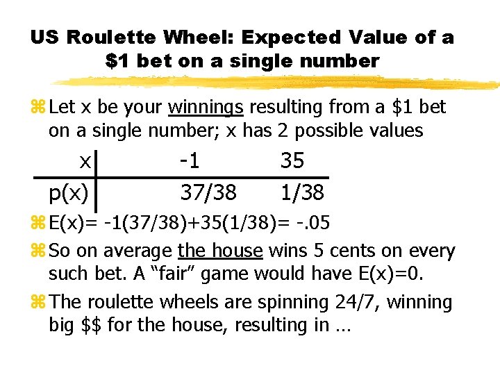 US Roulette Wheel: Expected Value of a $1 bet on a single number z