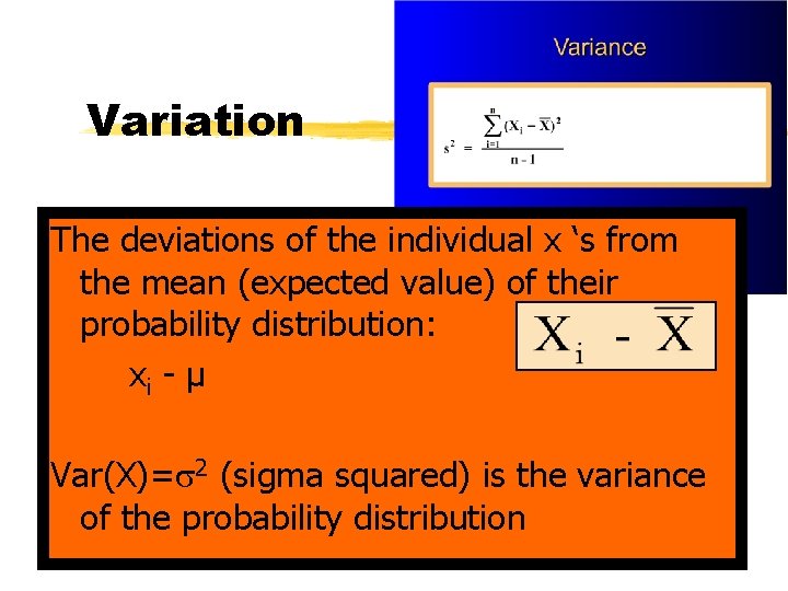 Variation The deviations of the individual x ‘s from the mean (expected value) of