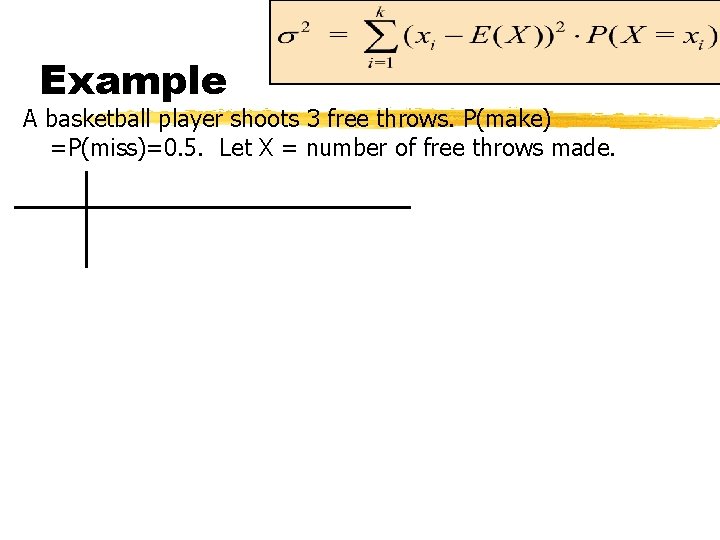 Example A basketball player shoots 3 free throws. P(make) =P(miss)=0. 5. Let X =