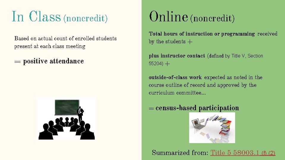 In Class (noncredit) Based on actual count of enrolled students present at each class