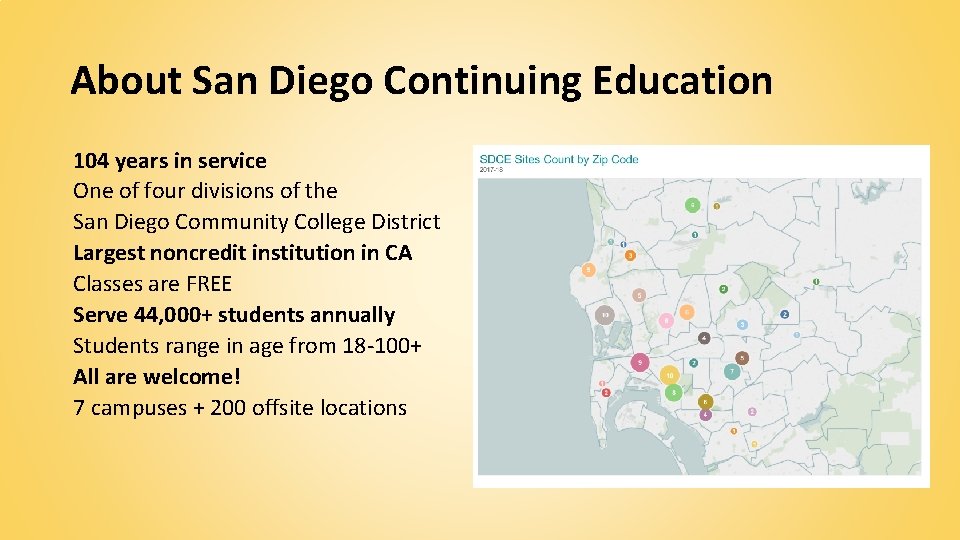 About San Diego Continuing Education 104 years in service One of four divisions of
