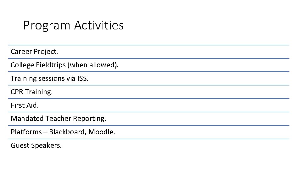 Program Activities Career Project. College Fieldtrips (when allowed). Training sessions via ISS. CPR Training.