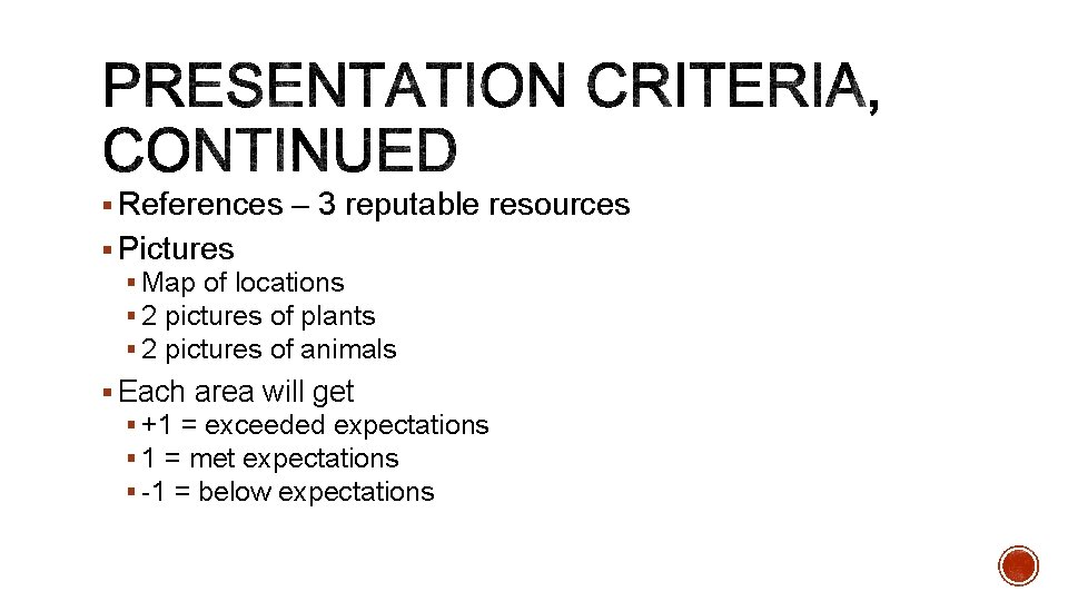 § References – 3 reputable resources § Pictures § Map of locations § 2