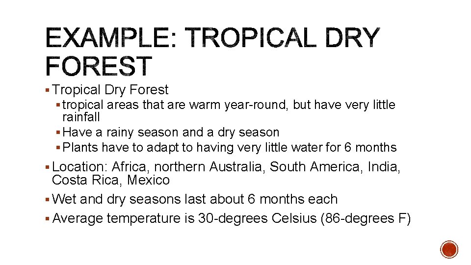 § Tropical Dry Forest § tropical areas that are warm year-round, but have very