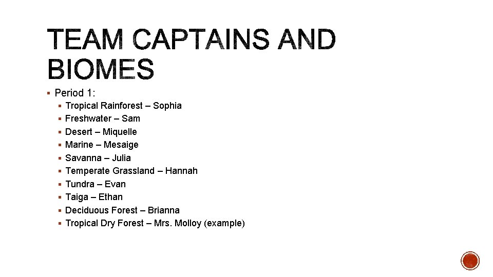 § Period 1: § Tropical Rainforest – Sophia § Freshwater – Sam § Desert