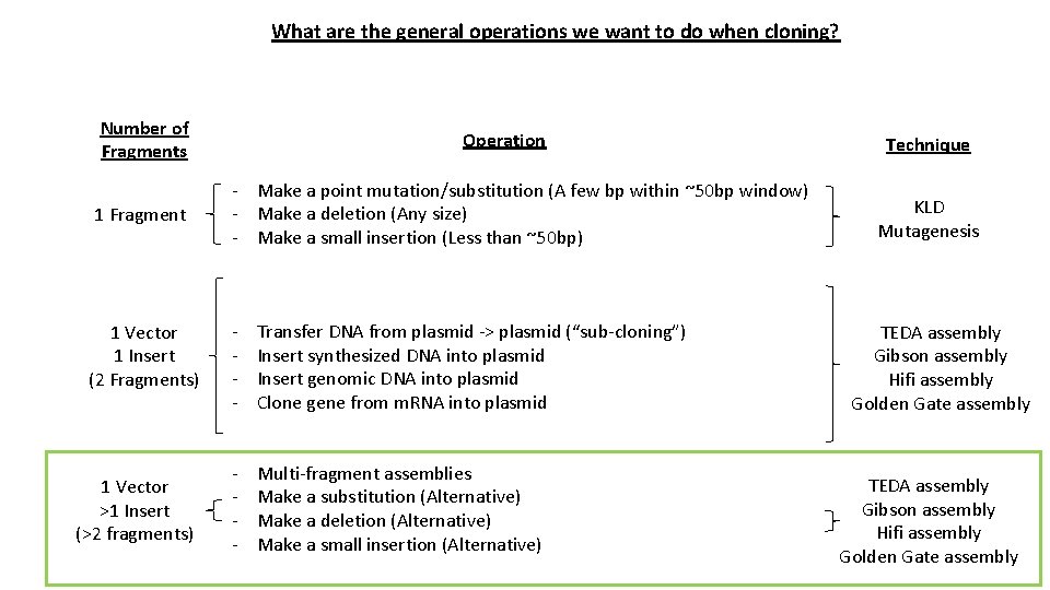 What are the general operations we want to do when cloning? Number of Fragments