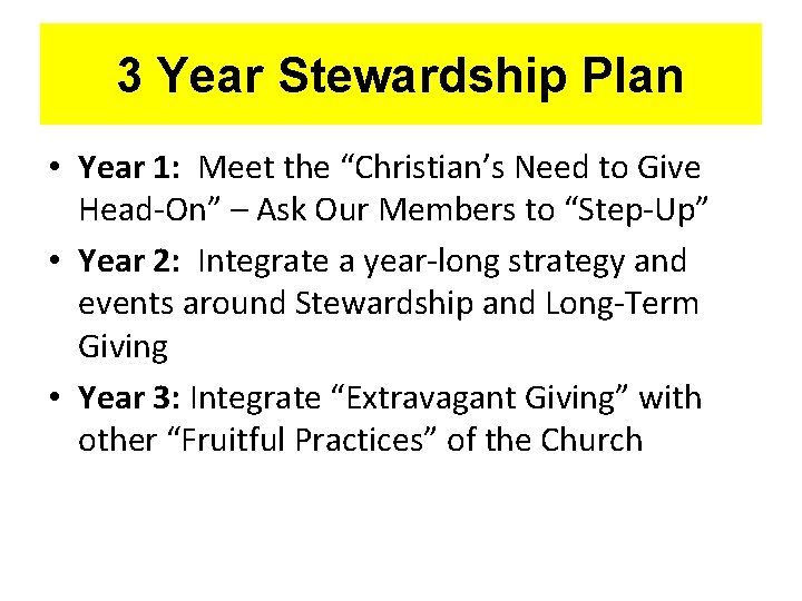 3 Year Stewardship Plan • Year 1: Meet the “Christian’s Need to Give Head-On”