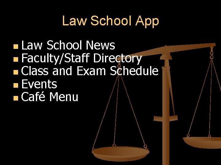 Law School App Law School News Faculty/Staff Directory Class and Exam Schedule Events Café