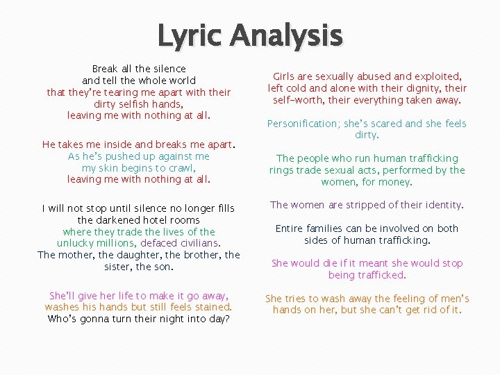 Lyric Analysis Break all the silence and tell the whole world that they’re tearing