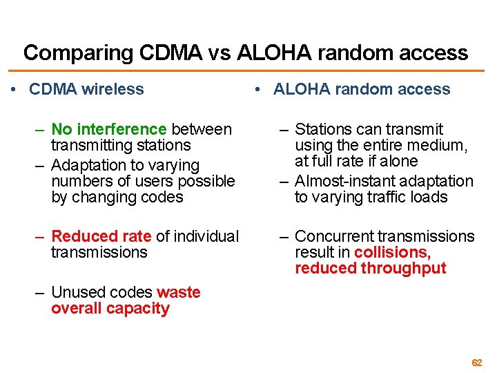 Comparing CDMA vs ALOHA random access • CDMA wireless • ALOHA random access –