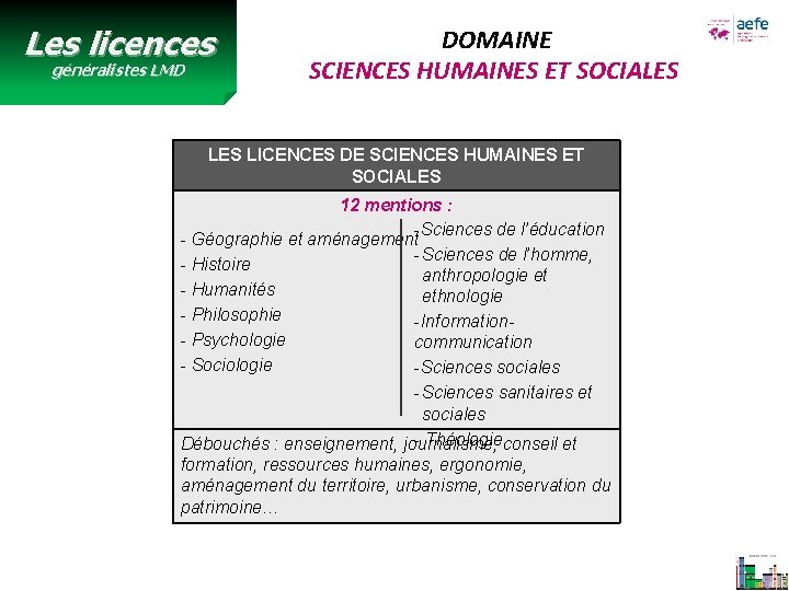 Les licences généralistes LMD DOMAINE SCIENCES HUMAINES ET SOCIALES LICENCES DE SCIENCES HUMAINES ET