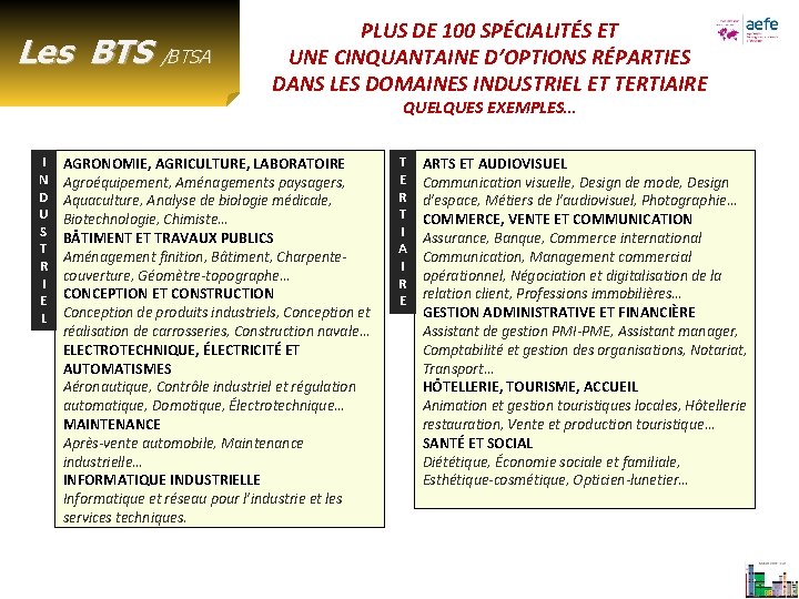 Les BTS /BTSA PLUS DE 100 SPÉCIALITÉS ET UNE CINQUANTAINE D’OPTIONS RÉPARTIES DANS LES