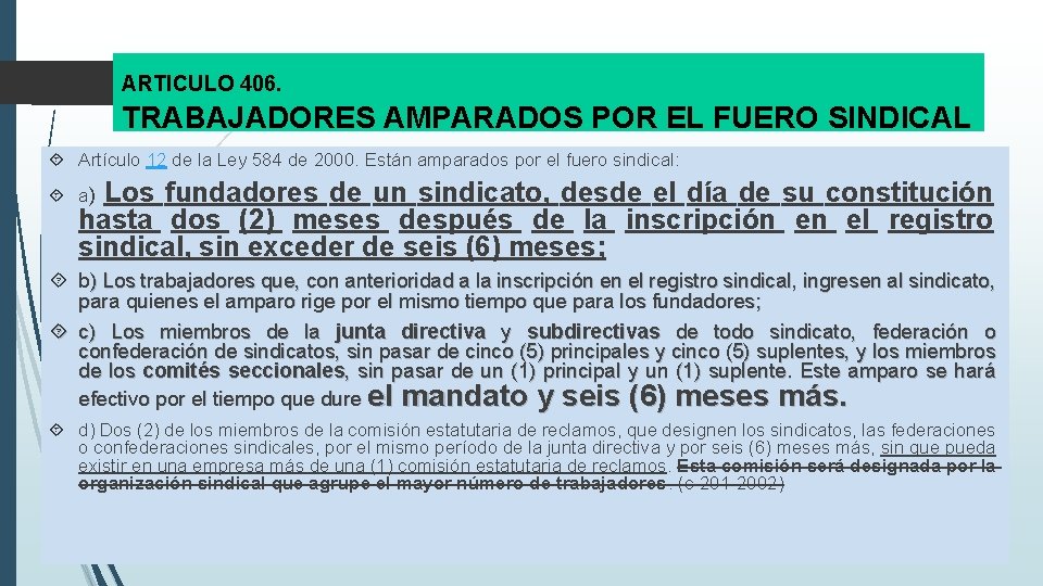 ARTICULO 406. TRABAJADORES AMPARADOS POR EL FUERO SINDICAL Artículo 12 de la Ley 584