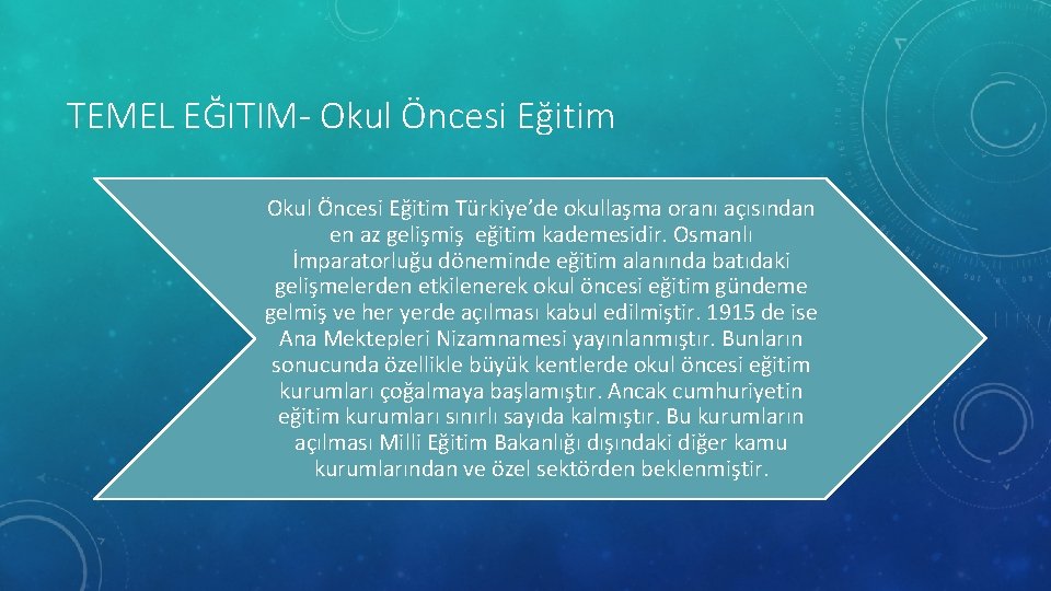 TEMEL EĞITIM- Okul Öncesi Eğitim Türkiye’de okullaşma oranı açısından en az gelişmiş eğitim kademesidir.