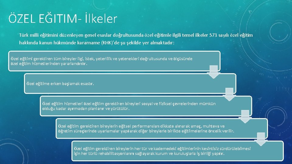 ÖZEL EĞITIM- İlkeler Türk milli eğitimini düzenleyen genel esaslar doğrultusunda özel eğitimle ilgili temel