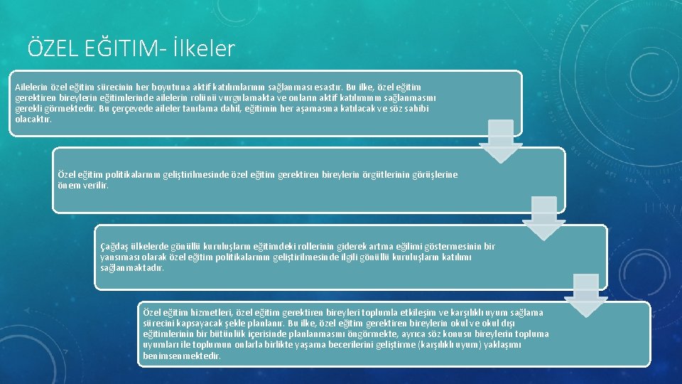 ÖZEL EĞITIM- İlkeler Ailelerin özel eğitim sürecinin her boyutuna aktif katılımlarının sağlanması esastır. Bu