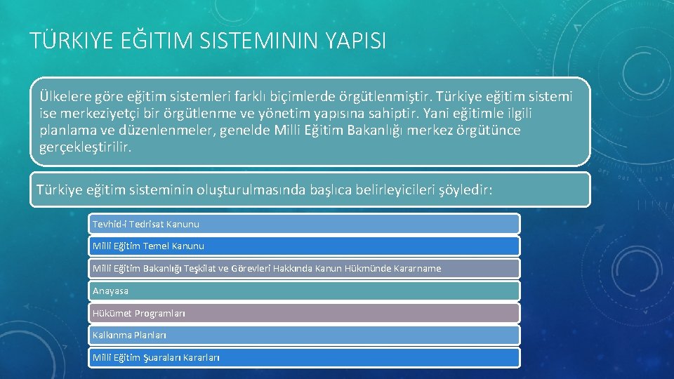 TÜRKIYE EĞITIM SISTEMININ YAPISI Ülkelere göre eğitim sistemleri farklı biçimlerde örgütlenmiştir. Türkiye eğitim sistemi
