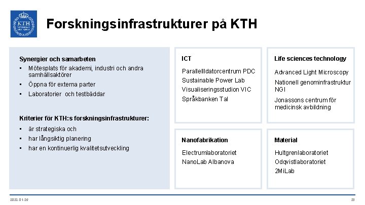 Forskningsinfrastrukturer på KTH Synergier och samarbeten ICT Life sciences technology • Mötesplats för akademi,