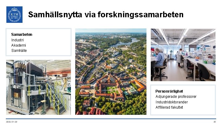 Samhällsnytta via forskningssamarbeten Samarbeten Industri Akademi Samhälle Personrörlighet Adjungerade professorer Industridoktorander Affilierad fakultet 2022