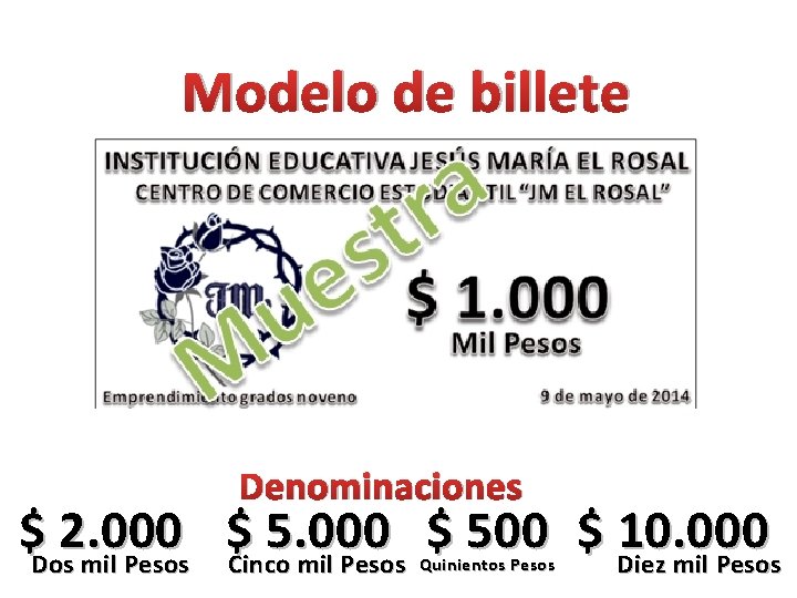 Modelo de billete Denominaciones $Dos 2. 000 $ 500 $ 10. 000 mil Pesos