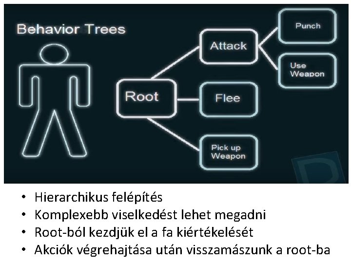  • • Hierarchikus felépítés Komplexebb viselkedést lehet megadni Root-ból kezdjük el a fa