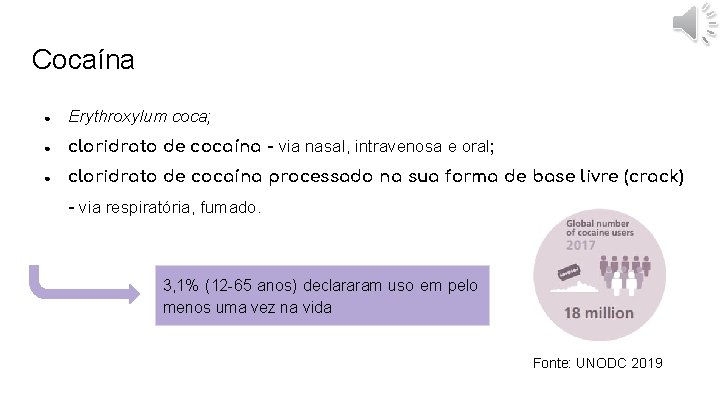 Cocaína ● Erythroxylum coca; ● cloridrato de cocaína - via nasal, intravenosa e oral;