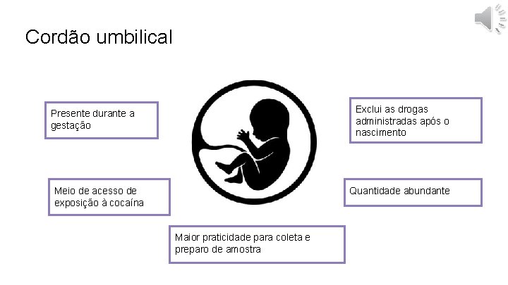 Cordão umbilical Exclui as drogas administradas após o nascimento Presente durante a gestação Meio